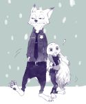  ! 2017 anthro barefoot bottomwear canid canine clothed clothing comic disney duo ears_down fox fully_clothed fur judy_hopps lagomorph leporid mammal necktie nick_wilde pants pawpads pivoted_ears rabbit red_fox shirt snow snowing topwear zootopia へべ 