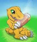 agumon ambiguous_gender bone claws digimon digimon_(species) eating food grass green_eyes hi_res holding_object may825 meat orange_body orange_skin reptile scalie signature sitting solo teeth toe_claws 