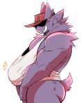  anthro blush bottomless butt clothed clothing covering covering_crotch fur gengar hat headgear headwear hidden_eyes humanoid kokuhane kokuhane_(character) male muscular muscular_male nintendo penis_under_shirt pok&eacute;mon pok&eacute;mon_(species) purple_body purple_fur shadowed_eyes shirt simple_background smile solo solo_focus tank_top topwear video_games white_background 