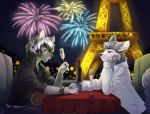  alcohol angel anthro beverage canid canine canis champagne champagne_bottle champagne_flute clothed clothing demon digital_media_(artwork) drake_morningstar duo eiffel_tower fireworks fur green_eyes grey_body grey_fur hair male mammal red_eyes romantic_ambiance romantic_couple smile talilly white_body white_fur wolf 