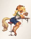  2020 anthro anthrofied applejack_(mlp) assasinmonkey barstool blonde_hair clothing cup equid equine female friendship_is_magic furniture green_eyes hair hi_res horse leaning mammal my_little_pony overalls pony pose sitting stool tables 