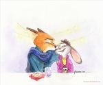  2017 anthro beverage canid canine clothed clothing dipstick_ears disney doughnut duo ears_down eyes_closed food fox fur grey_body grey_fur holding_cup holding_object judy_hopps kissing lagomorph leporid mammal multicolored_ears nick_wilde open_mouth open_smile orange_body orange_fur painting_(artwork) pivoted_ears rabbit red_fox scarf smile traditional_media_(artwork) watercolor_(artwork) zootopia 