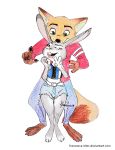  2017 anthro barefoot buckteeth canid canine clothed clothing disney duo fox francesca-ictbs fully_clothed fur grey_body grey_fur hi_res judy_hopps lagomorph leporid mammal nick_wilde one_eye_closed open_mouth open_smile orange_body orange_fur rabbit red_fox simple_background smile standing teeth text url white_background zootopia 