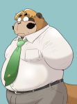  2020 anthro blue_background blush bottomwear brown_body brown_fur bulge canid canine clothing fur kemono male mammal necktie overweight overweight_male pants raccoon_dog shirt simple_background solo tanuki topwear wantaro 