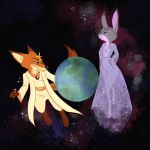  2019 anthro barefoot canid canine clothed clothing disney dress duo fox francesca-ictbs fully_clothed fur grey_body grey_fur hi_res judy_hopps lagomorph leporid mammal nick_wilde orange_body orange_fur rabbit red_fox space star zootopia 