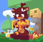  accessory bea_(slipperyt) breasts brown_body brown_fur collar creeper featureless_breasts female fur hair_accessory hair_ribbon hi_res honey kneeling mammal minecraft minus8 notched_ear nude red_eyes ribbons sky solo thick_thighs tree ursid video_games zipper_mouth 