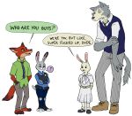  2020 ? absurd_res anthro barefoot beastars bottomwear brown_body brown_fur canid canine canis cheek_tuft cheerio-fujisnacki clothed clothing crossed_arms dialogue dipstick_ears disney english_text facial_tuft footwear fox fully_clothed fur grey_body grey_fur group hands_behind_back haru_(beastars) hi_res judy_hopps lagomorph legoshi_(beastars) leporid looking_at_another mammal multicolored_ears necktie nick_wilde pants police_uniform rabbit red_fox shirt shoes simple_background speech_bubble standing text topwear tuft uniform white_background wolf zootopia 