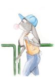  2017 anthro bag bubble_gum clothed clothing dipstick_ears disney ears_down female francesca-ictbs fully_clothed fur grey_body grey_fur hat headgear headwear hi_res judy_hopps lagomorph leporid mammal multicolored_ears pivoted_ears purple_eyes rabbit side_view solo zootopia 