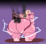  big_butt blonde_hair blue_eyes butt common_hippopotamus electricity female glowing glowing_eyes hair hi_res hippopotamid kazecat looking_back machine malfunction mammal overweight overweight_female pink_body purple_background robot simple_background smoke solo thick_thighs vents wide_hips 