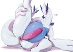  2020 absurd_res agitype01 alternate_version_at_source anus big_penis blue_body bodily_fluids butt feral genital_fluids genitals hand_on_leg hi_res humanoid_genitalia humanoid_penis legendary_pok&eacute;mon lugia male nintendo one_leg_up open_mouth penis pok&eacute;mon pok&eacute;mon_(species) precum raised_leg red_eyes signature simple_background solo video_games white_background white_body 