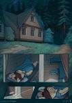  bed cabin comic detailed_background felid feline forest freckles funkybun furniture hi_res lodge lynx mammal night text tree 