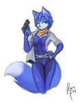  2019 anthro belt blue_hair bodysuit breasts canid canine clothing female fox fur gun hair half-closed_eyes handgun hi_res jacket krystal mammal narrowed_eyes nintendo rain-fox ranged_weapon short_hair signature simple_background skinsuit smile solo star_fox tight_clothing topwear video_games weapon 