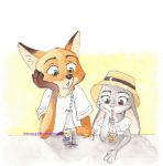  2017 anthro arm_support beverage bottle canid canine clothed clothing disney drinking duo ears_down fox francesca-ictbs fur grey_body grey_fur hat headgear headwear judy_hopps lagomorph leaning_on_elbow leporid mammal nick_wilde orange_body orange_fur pivoted_ears purple_eyes rabbit red_fox shirt simple_background straw t-shirt topwear zootopia 