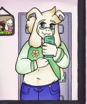  &lt;3 2020 anthro asriel_dreemurr beard blonde_hair blue_eyes body_hair boss_monster bottomwear bovid caprine clothed clothing clothing_lift cute_fangs deltarune digital_media_(artwork) door eyewear facial_hair floppy_ears flower fur glasses goat goatboyalex hair happy_trail horn human jeans kris_(deltarune) letterman_jacket long_ears male mammal mario_bros nintendo pants phone photo plant ponytail presenting selfie shirt shirt_lift slightly_chubby smile solo taking_picture topwear undertale video_games white_body white_fur yoshi 