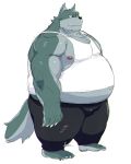  anthro belly big_belly canid canine canis claws clothed clothing fur grey_body grey_fur hi_res iwano male mammal moobs musclegut muscular muscular_male navel nipples obese obese_male overweight overweight_male simple_background solo standing thick_thighs tight_clothing toe_claws white_background wolf 
