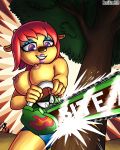  2019 absurd_res anthro big_breasts bovid breasts caprine chainsaw clothed clothing female fur hair hi_res horn lammy_lamb mammal nipples orange_body orange_fur parappa_the_rapper partially_clothed power_tool purple_eyes red_hair revtilian sheep smile solo sony_corporation sony_interactive_entertainment teeth thick_thighs tools topless tree um_jammer_lammy video_games wide_hips 