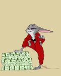  2019 absurd_res anthro barefoot buckteeth clothed clothing disney female francesca-ictbs fur grey_body grey_fur hi_res judy_hopps lagomorph leporid mammal money purple_eyes rabbit simple_background smile solo teeth zootopia 