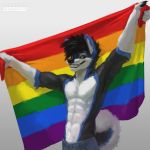  2019 anthro artist_name black_nose blue_body blue_ears blue_fur blue_tail bottomwear canid canine canis clothed clothing domestic_dog esperhusky fur geewolf holding_object husky lgbt_pride looking_at_viewer male mammal multicolored_body multicolored_fur multicolored_tail muscular muscular_male nordic_sled_dog pride_colors rainbow_flag rainbow_symbol solo spitz teeth topless white_body white_fur white_tail 