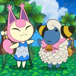  animal_crossing anthro bell black_nose blue_body bovid caprine clothing eyes_closed fangs felid feline female fur hi_res jen_foxworth mammal mareep nintendo pink_body pok&eacute;mon pok&eacute;mon_(species) semi-anthro sheep skitty smile video_games wool_(fur) 