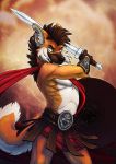  2020 anthro black_nose blue_eyes brown_hair canid canine digital_media_(artwork) fuckie hair holding_object holding_sword holding_weapon male mammal maned_wolf melee_weapon solo sword weapon 