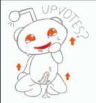  alien alien_humanoid antennae_(anatomy) arrow asking blush bodily_fluids cum cumshot drooling ejaculation erection genital_fluids genitals humanoid kneeling male mascot not_furry penis red_eyes reddit redditor34 saliva short_ears simple_background slit_pupils smiling_at_viewer snoo solo squatting_position tapering_penis text white_body 