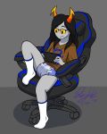  2020 absurd_res alien alien_humanoid black_hair bodily_fluids clothed clothing diaper digital_media_(artwork) eyewear female frmcast351 genital_fluids grey_body grey_skin hair hi_res homestuck horn horned_humanoid humanoid lucina_wysigo ms_paint_adventures nintendo not_furry omorashi peeing simple_background solo topwear troll_(homestuck) urine video_games watersports webcomic wet_diaper wetting 