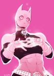  2020 5_fingers abs animal_humanoid blush cat_humanoid clothed clothing collar felid felid_humanoid feline feline_humanoid fingers girly herzspalter hi_res humanoid jojo&#039;s_bizarre_adventure killer_queen male mammal mammal_humanoid muscular muscular_male pink_background pink_body pink_sclera pink_skin signature simple_background solo sparkles stand_(jjba) text white_eyes 
