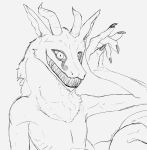  ambiguous_gender anthro black_and_white black_lips fur hi_res horn lips looking_at_viewer monochrome monster nails sharp_teeth sketch smiling_at_viewer solo synx teeth yamagah 