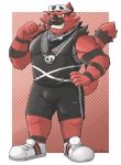  2018 5_fingers acephlosion anthro bandanna black_body black_fur bottomwear bulge clothing fingers footwear fur grey_body grey_fur grin hand_on_hip hi_res humanoid_hands incineroar jewelry looking_at_viewer male muscular muscular_male neckerchief necklace nintendo pok&eacute;mon pok&eacute;mon_(species) red_body red_fur red_nose shirt shoes shorts smile sneakers solo standing striped_body striped_fur stripes tank_top team_skull topwear video_games yellow_eyes 