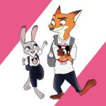  2016 anthro barefoot canid canine clothed clothing crossed_arms dipstick_ears disney duo fox fully_clothed fur grey_body grey_fur judy_hopps lagomorph leporid mammal mochigolo618 multicolored_ears nick_wilde open_mouth open_smile orange_body orange_fur rabbit red_fox shirt simple_background smile t-shirt topwear zootopia 