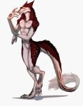  anthro beavertyan charli_(charli_sox) claws ear_piercing ear_ring fur gold_(metal) gold_tooth hair hi_res looking_at_viewer male maroon_fur nails orange_eyes piercing red_body red_fur red_hair red_spots red_stripes scar sergal sharp_claws sharp_nails solo spots spotted_body spotted_fur standing stripes white_body white_fur white_hair white_spots 