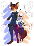  &lt;3 2016 anthro barefoot belt brown_body brown_fur canid canine clothed clothing dialogue disney duo eyewear fox fully_clothed fur grey_body grey_fur hand_on_head hi_res japanese_text judy_hopps lagomorph leporid mammal nick_wilde police_uniform puki rabbit red_fox speech_bubble standing sunglasses text uniform zootopia 