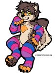 anthro arm_warmers armwear bisexual_pride_colors brown_body brown_fur canid canine canis clothing female fur legwear lgbt_pride mammal pride_colors roanoak sandra_(roanoak) solo thigh_highs wolf yellow_eyes 