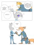  2016 alternate_version_at_source anthro benjamin_clawhauser canid canine cheetah clothed clothing comic dialogue disney edit english_text felid feline fox fully_clothed fur grey_body grey_fur hard_translated hi_res judy_hopps kneeling lagomorph leporid mammal nick_wilde open_mouth open_smile orange_body orange_fur police_uniform puki purple_eyes rabbit red_fox smile speech_bubble standing text translated uniform zootopia 