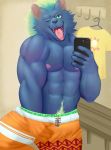  abs anthro bench bottomwear bulge clothing genital_outline green_eyes green_hair hair hand_in_pants hand_under_clothes hi_res hyaenid looking_at_viewer male mammal muscular muscular_male nipples nyarlathotep_(housamo) penis_outline pink_nipples selfie shorts solo tokyo_afterschool_summoners tongue tongue_out video_games 