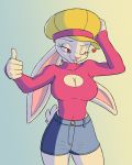  &lt;3 anthro bottomwear breasts cleavage cleavage_cutout clothed clothing female gesture hat headgear headwear hi_res lagomorph leporid mammal one_eye_closed rabbit shorts skeleito solo thumbs_up wink 
