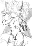  2019 5_fingers anthro armor blush breasts canid canine female fingers greyscale hair kemono kiichi long_hair mammal medium_breasts monochrome navel simple_background sketch skimpy_armor snout solo standing unconvincing_armor white_background 
