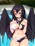  2018 angel blush breasts cleavage clothed clothing detailed_background eyebrows eyelashes female half-closed_eyes horn krakenparty looking_away narrowed_eyes navel not_furry open_mouth partially_clothed poolside purple_eyes signature solo swimwear teeth tongue traditional_media_(artwork) water wings 