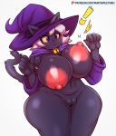  ! 2019 anthro areola big_breasts black_body black_fur blush breasts clothed clothing curvy_figure domestic_cat felid feline felis female fur genitals hair hat headgear headwear huge_breasts magic_user mammal matospectoru navel nemo_(cat_witch) nipples open_mouth peach_pussy plump_labia pussy simple_background solo text thick_thighs url voluptuous wide_hips witch witch_hat 