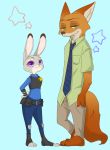  2016 blue_background bottomwear brown_body brown_fur canid canine clothed clothing disney fox fully_clothed fur grey_body grey_fur hi_res judy_hopps lagomorph leporid mammal necktie nick_wilde pants police_uniform puki rabbit red_fox shirt simple_background smile standing topwear uniform zootopia 