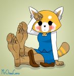  5_toes absurd_res aggressive_retsuko ailurid barefoot blush bottomwear clothing cute_expression feet female foot_focus footwear hi_res mammal mrchasecomix_(artist) red_panda retsuko sanrio soles toes topwear 