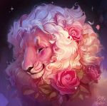  2019 black_nose cartoon_network ear_tuft eyelashes eyes_closed felid feline feral flower fur leaf lion lion_(steven_universe) male mammal mane pantherine pink_body pink_flower pink_fur pink_mane plant puffygator signature smile solo steven_universe tuft whiskers 