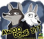  2020 anothercolouranon anthro black_nose brown_body brown_fur canid canine canis clothed clothing coat disney duo english_text fur gary_(zootopia) larry_(zootopia) mammal smile text topwear white_body white_fur wolf zootopia 
