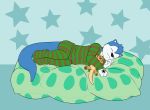  absurd_res anthro black_nose blue_body blue_fur blue_tail clothed clothing compfive fur green_clothing green_pajamas hi_res island island_(character) lutrine lying mammal monotone_tail mustelid on_side pajamas pattern_clothing plushie sleeping solo striped_clothing striped_pajamas stripes white_body white_fur 
