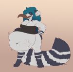  ambiguous_species anthro belly big_belly big_breasts bottomless breasts clothed clothing deep_navel female female_pred fluffy fluffy_tail hand_imprint hi_res hungerynano navel oral_vore solo struggling swallowing vore 