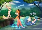  ambiguous_gender anthro blue_body blue_fur canid canine fennec feral fox fur group hybrid koro lutrine lying mammal mustelid on_back on_hind_legs orange_body orange_fur ruki_(character) rukifox yato 