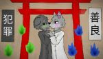  after_kiss ambiguous/ambiguous ambiguous_gender black_eyes blush bodily_fluids brown_background canid canine canis clothed clothing duo fully_clothed fur grey_body grey_eyes grey_fur hand_holding inner_ear_fluff looking_at_another looking_at_partner mammal pink_inner_ear pumopumoshi saliva saliva_string simple_background text translated tuft wolf young 