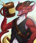 absurd_res alcohol anthro beverage claws clothed clothing cronux(character) digital_media_(artwork) hi_res kobold looking_at_viewer male open_mouth reptile scalie simple_background smile solo solo_focus standing sukaridragon tongue 