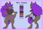  2020 alice_tamamo anthro arm_tuft black_body black_fur blue_background border bow canid canine character_name claws color_swatch elbow_tufts eye_markings fan_character female fox front_view full-length_portrait fur grey_body grey_fur hair hi_res mammal markings model_sheet nintendo pink_border pok&eacute;mon pok&eacute;mon_(species) ponytail portrait pronouns purple_hair purple_markings rear_view screamoshaymin shiny_pok&eacute;mon short_tail simple_background smile solo standing toe_claws trans_woman_(lore) tuft video_games zoroark 