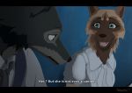  2020 absurd_res beastars black_bars brown_body brown_fur canid canine canis digital_media_(artwork) duo english_text female fur hi_res male mammal open_mouth shalinka teeth text tongue wolf 